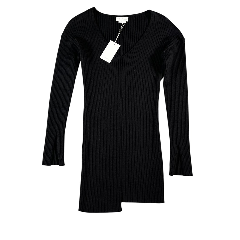 LOVERS + FRIENDS Black Ribbed V Neck Asymmetrical Hem Long Sleeve‎ Mini Dress XS